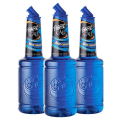 Finest Call Blue Curaçao bottle highlights a premium non-alcoholic mixer for tropical cocktails.