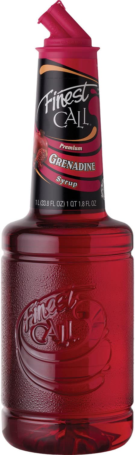 Finest Call grenadine grenade bottle with rich color for cocktails.