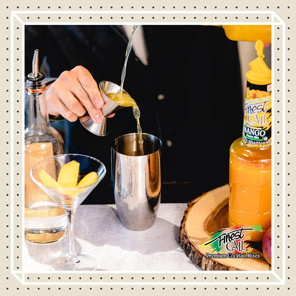 Finest Call Mango Puree cocktail-ready setup for home bartenders.
