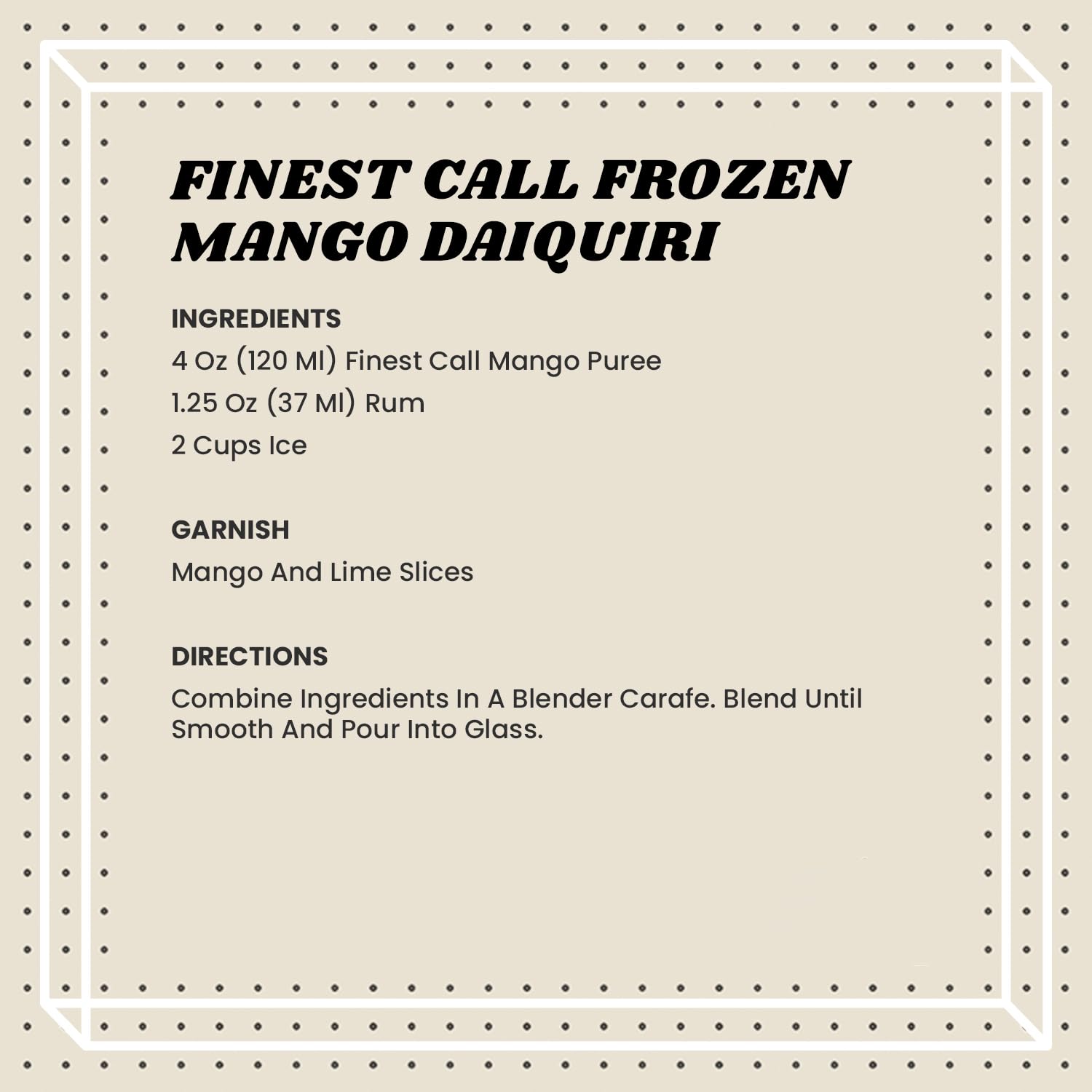 Finest Call Mango Puree ingredients closeup emphasizes premium tropical flavor.