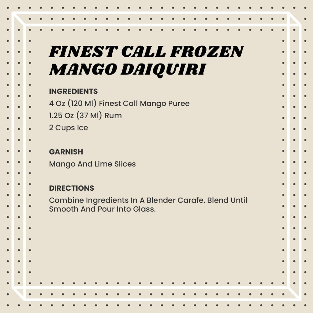 Finest Call Mango Puree ingredients closeup emphasizes premium tropical flavor.