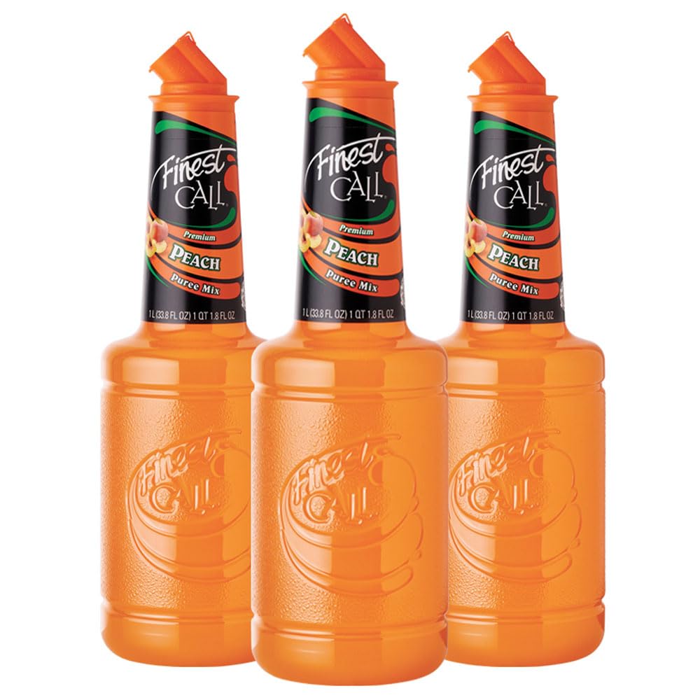 Finest Call Peach Puree 1L bottle showcases juicy California peaches for premium cocktails.