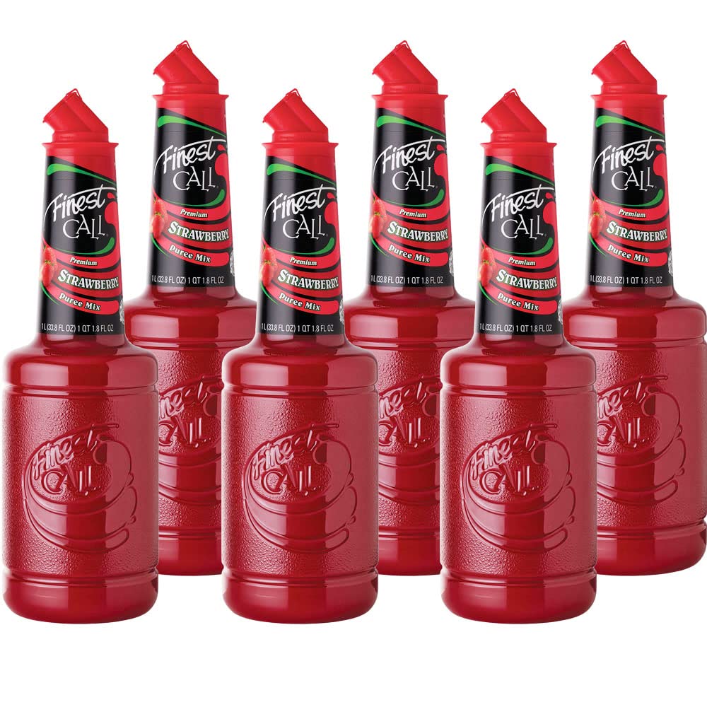 Finest Call premium strawberry puree drink mix bottle shows vibrant color for premium beverages and easy use.