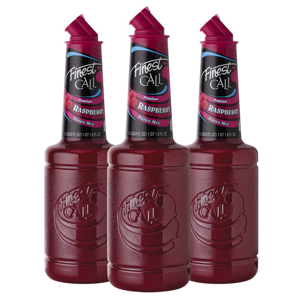 Finest Call Raspberry Puree Bottle shows vibrant red color ideal for cocktails