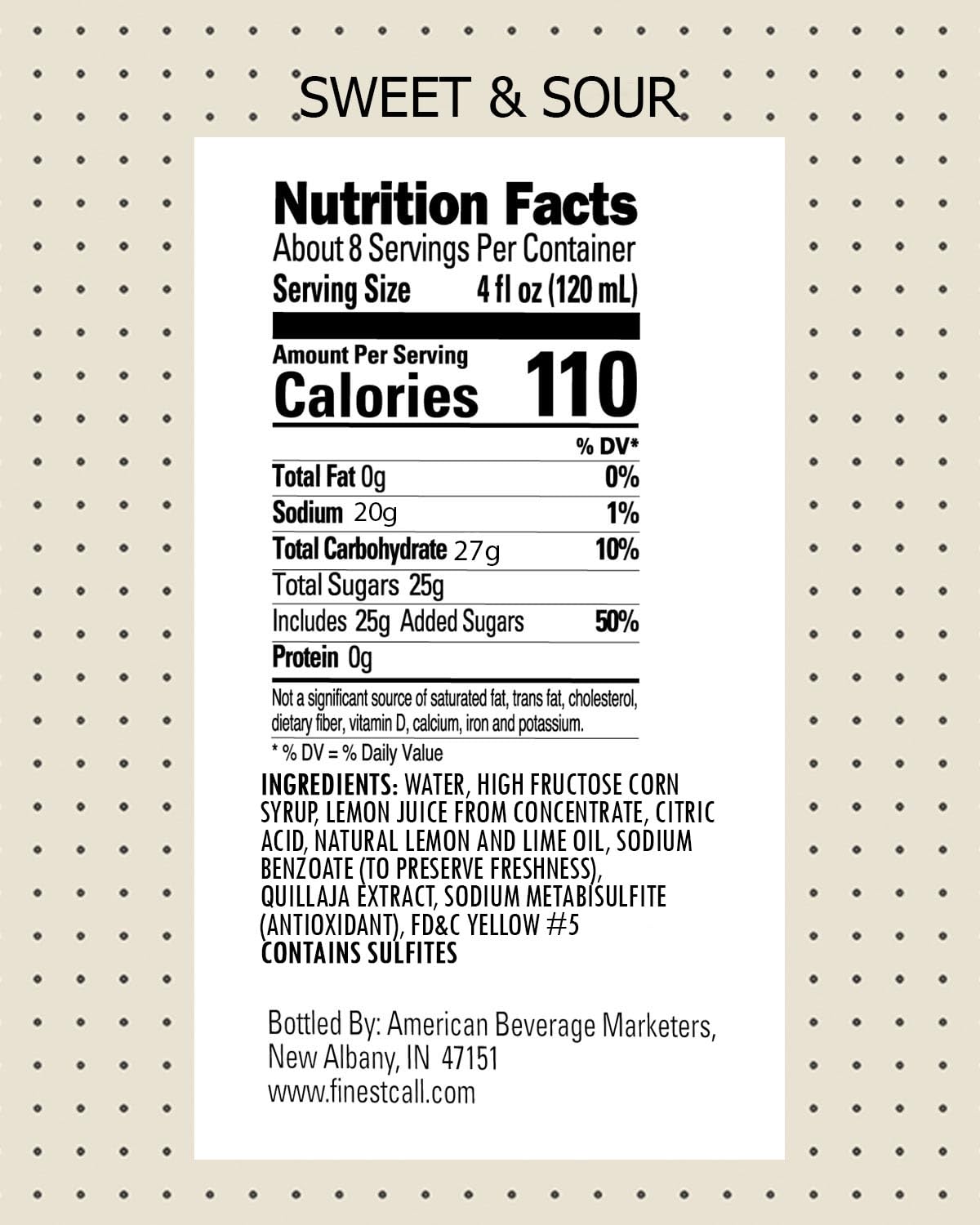 Finest Call Sweet & Sour bottle label highlighting flavor balance.