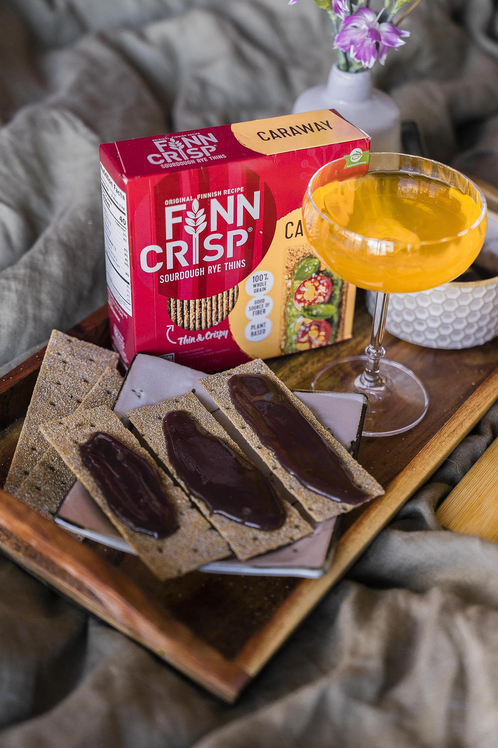Finn Crisp Caraway crispbread with butter, perfect for a quick breakfast.