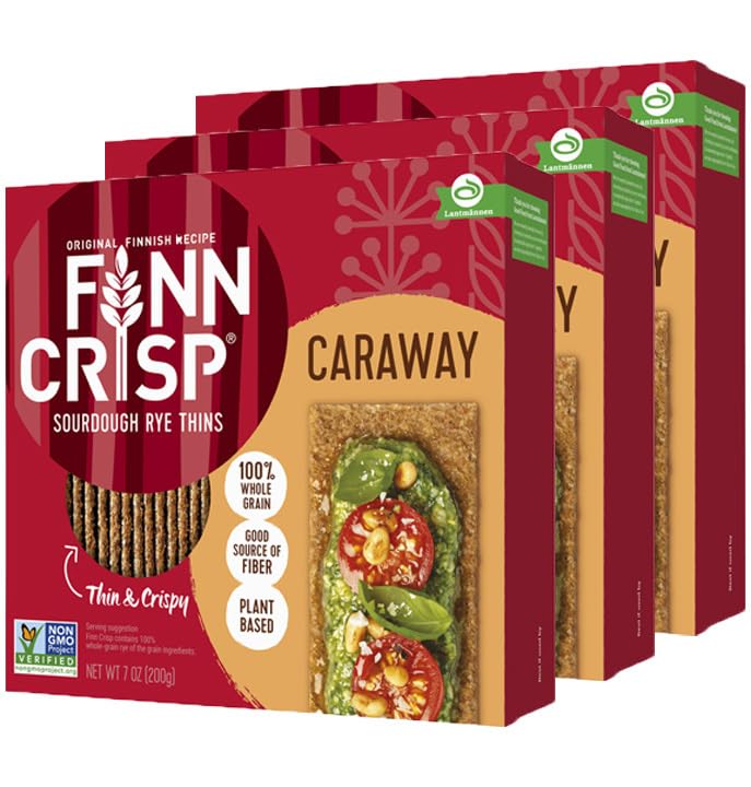 Finn Crisp Caraway crispbread pack front view, ideal for a light, crunchy snack.