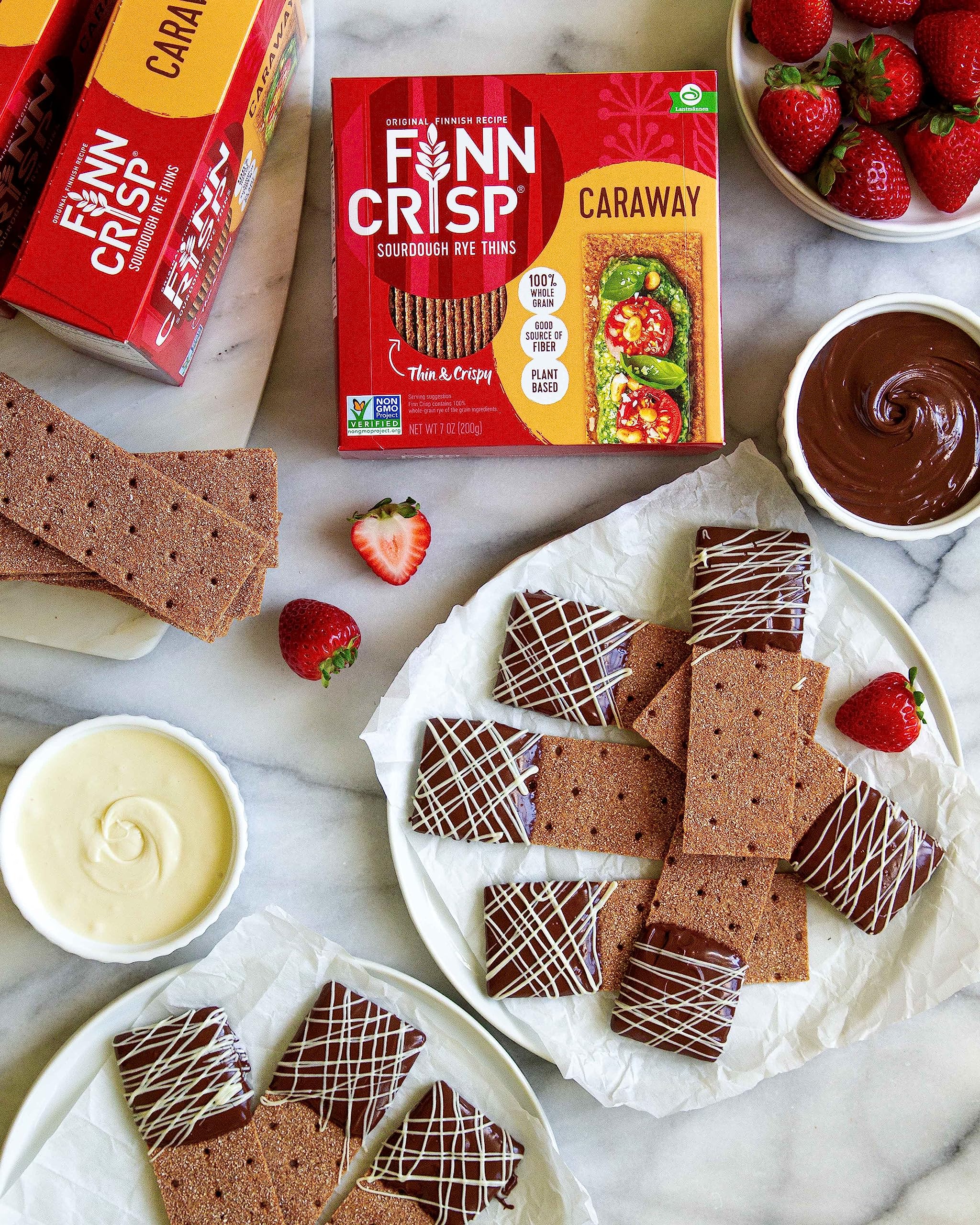 Finn Crisp Caraway open-face ideas with toppings like fruit or cheese.