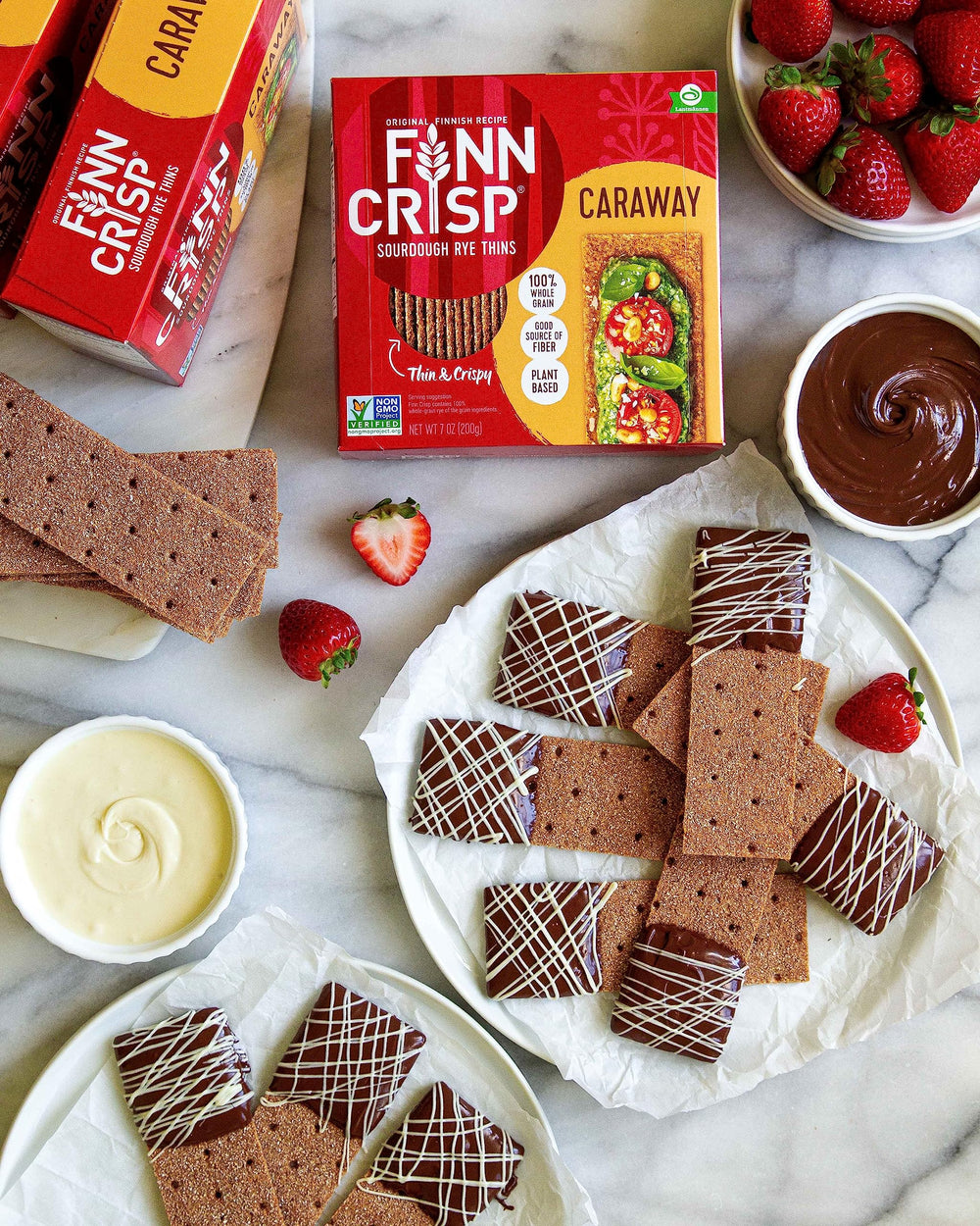 Finn Crisp Caraway open-face ideas with toppings like fruit or cheese.