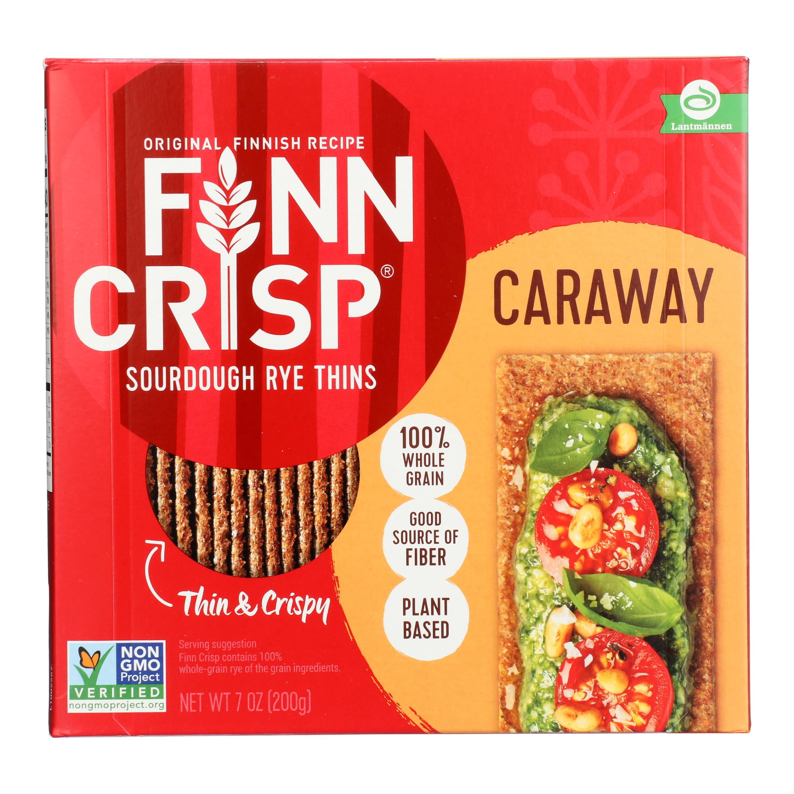 Finn Crisp Caraway Sourdough Rye Thins pack on display, crisp texture ready for toppings.