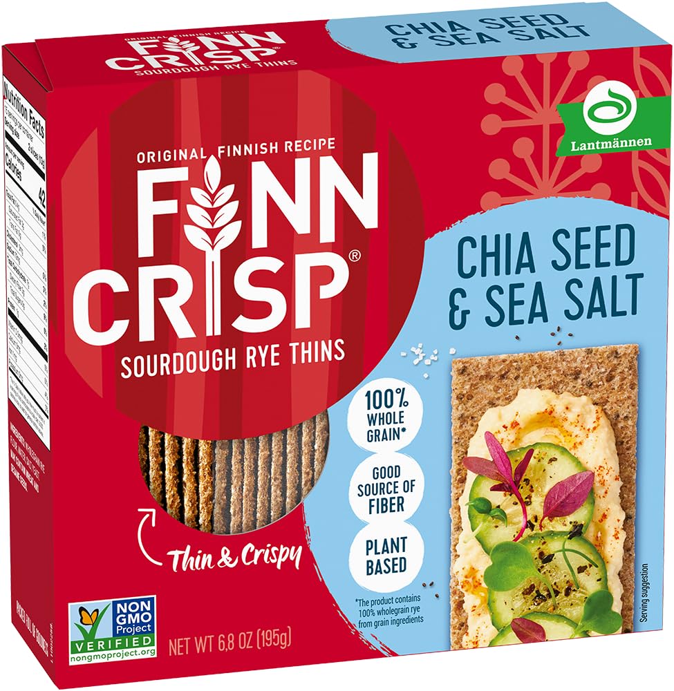 Finn Crisp chia seed rye crispbread pack shot highlighting a fiber-rich base.