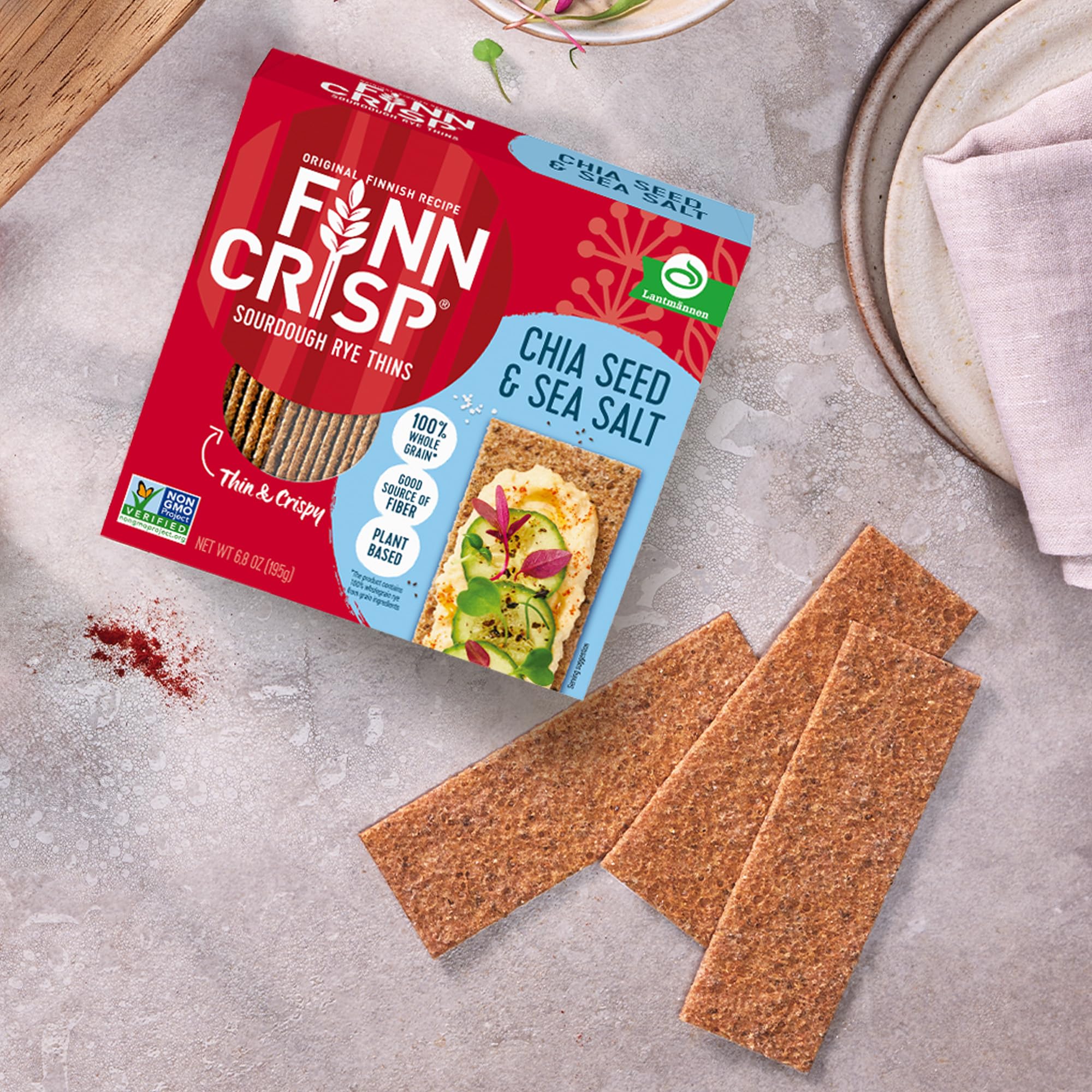 Finn Crisp chia seeds visible highlighting nutritious crunchy texture.