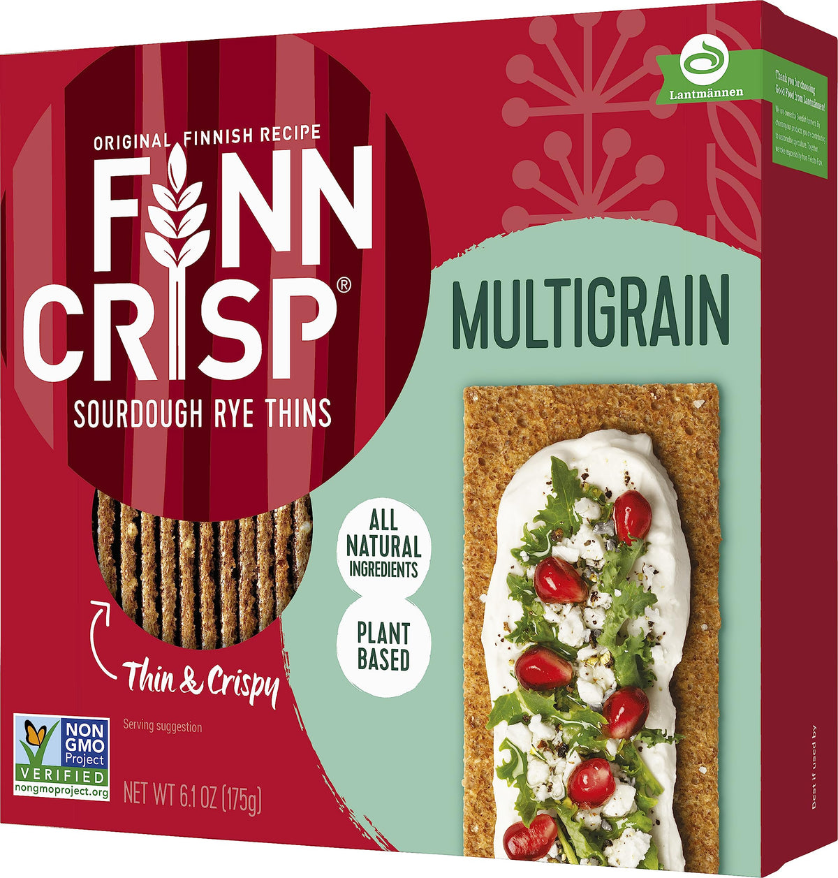 Finn Crisp Multigrain Crispbread box on kitchen counter, ready-to-snack base.