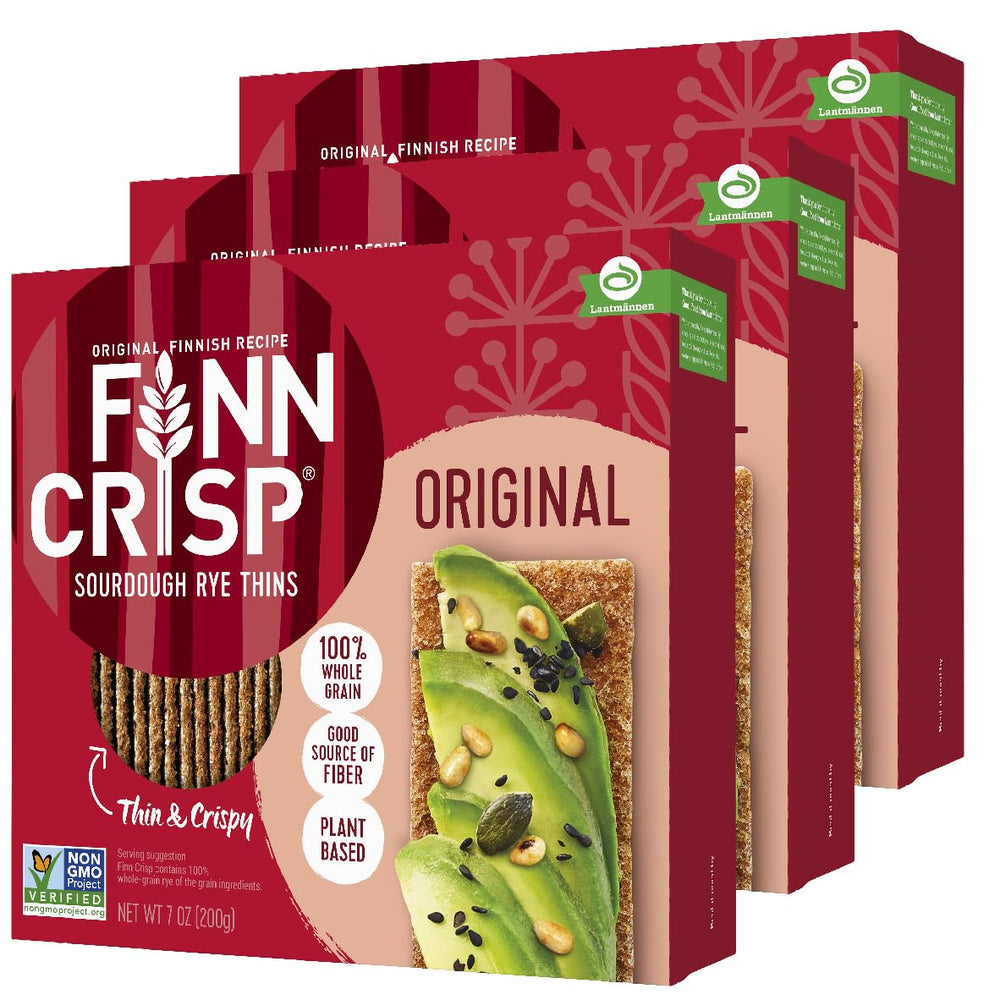 Finn Crisp Original Rye Crispbread pack with three boxes, a versatile snack base