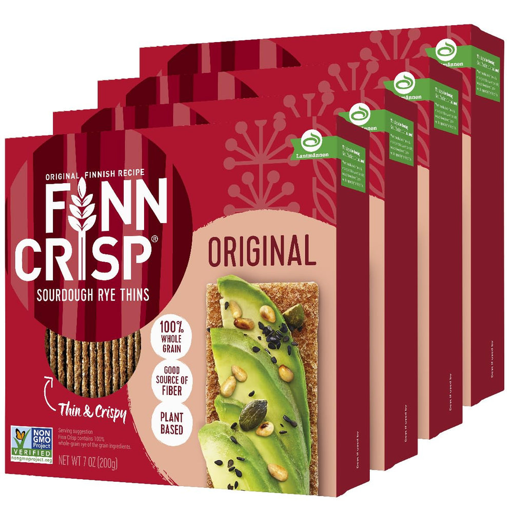 Finn Crisp Original Rye Crispbread packaging showing a crisp, fiber-rich base