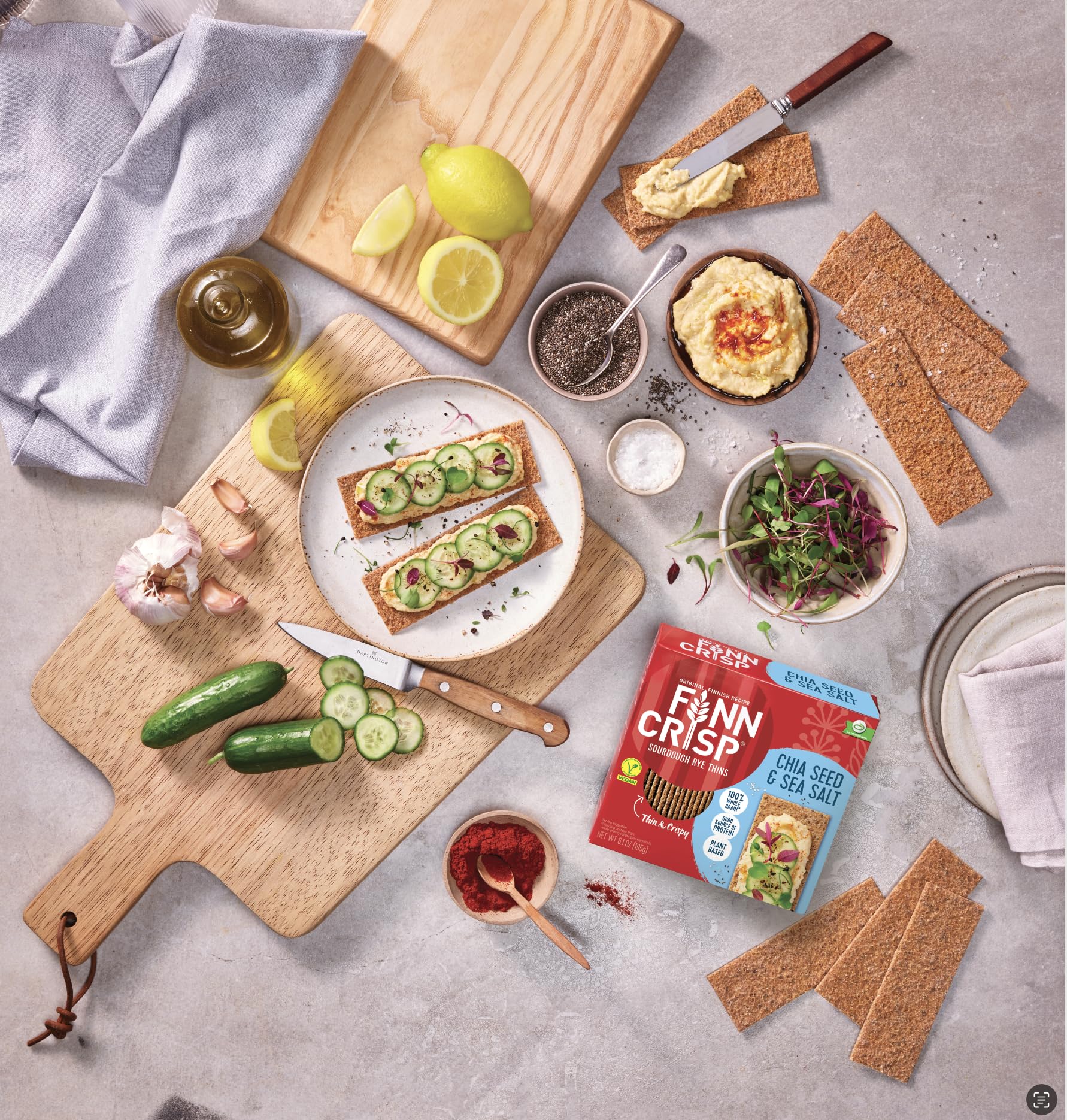 Finn Crisp charcuterie board with toppings features a versatile base.