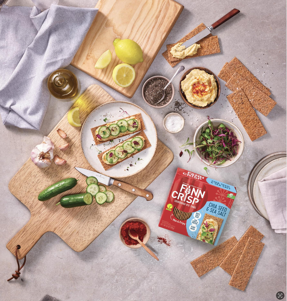 Finn Crisp charcuterie board with toppings features a versatile base.