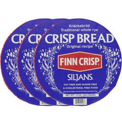 Finn Crisp Siljans Round Rye Crispbread wheel close-up, crispy texture ideal with butter.