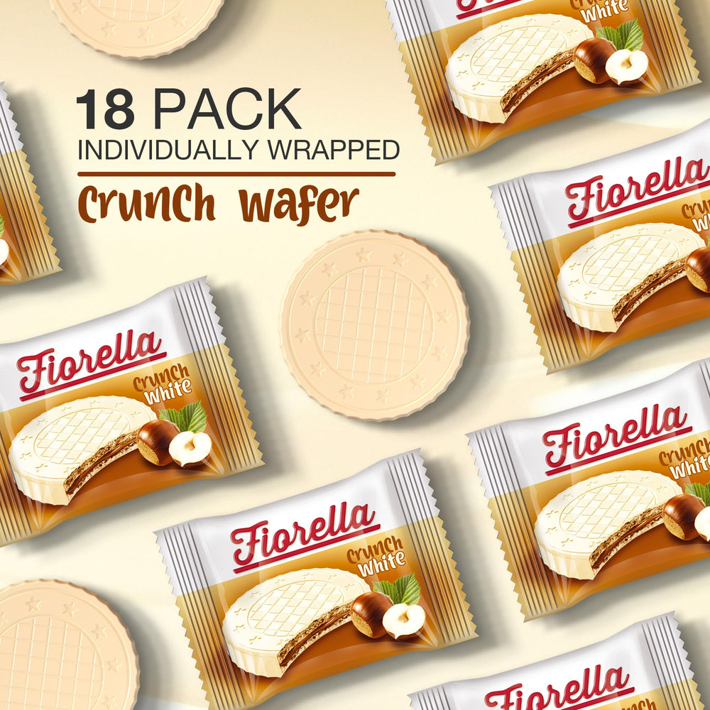 Fiorella wafers close-up showing crisp bite and white chocolate coating.