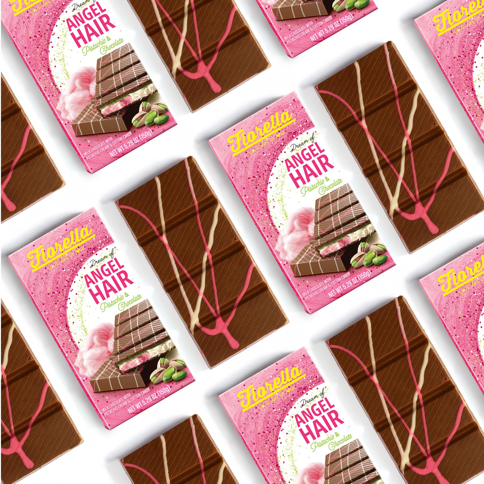 Fiorella Dubai Angel Hair Chocolate Bar color swirl shows pink, white, and green visuals.