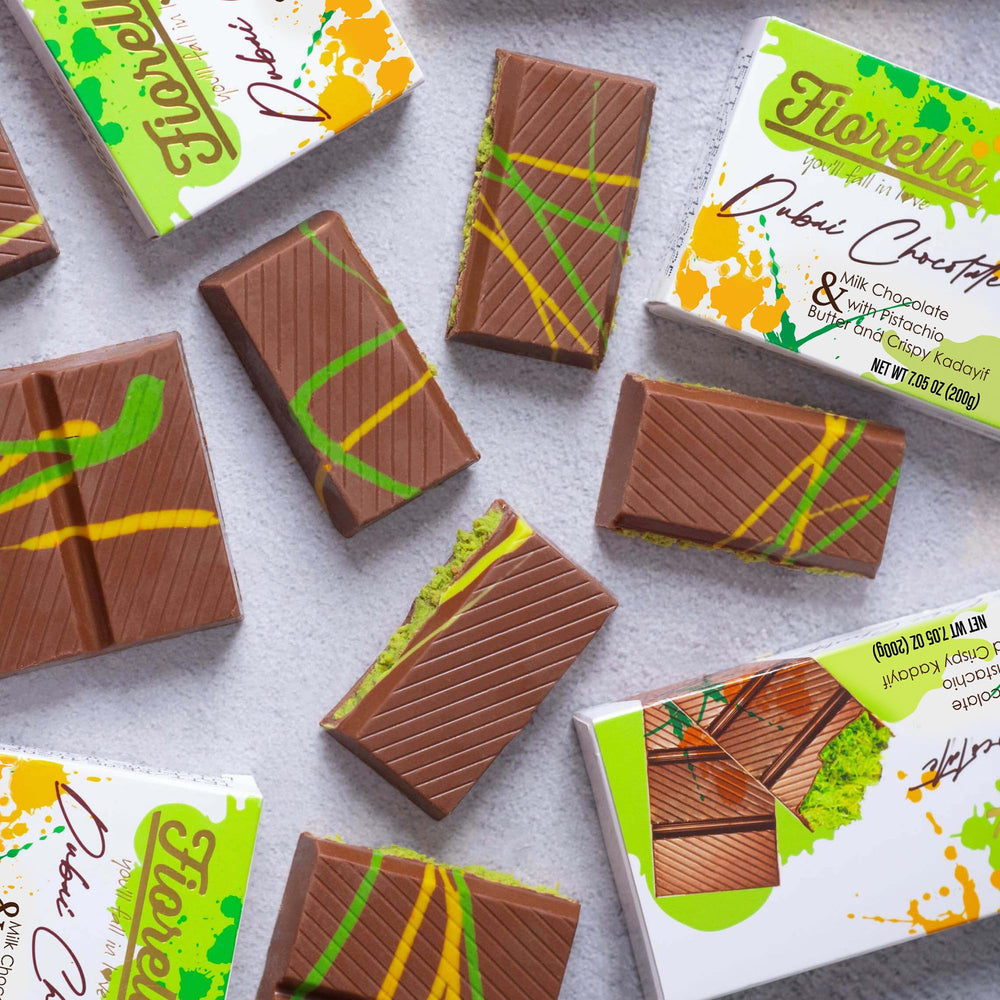 Fiorella Dubai chocolate bar packaging closeup showcases luxury finish.