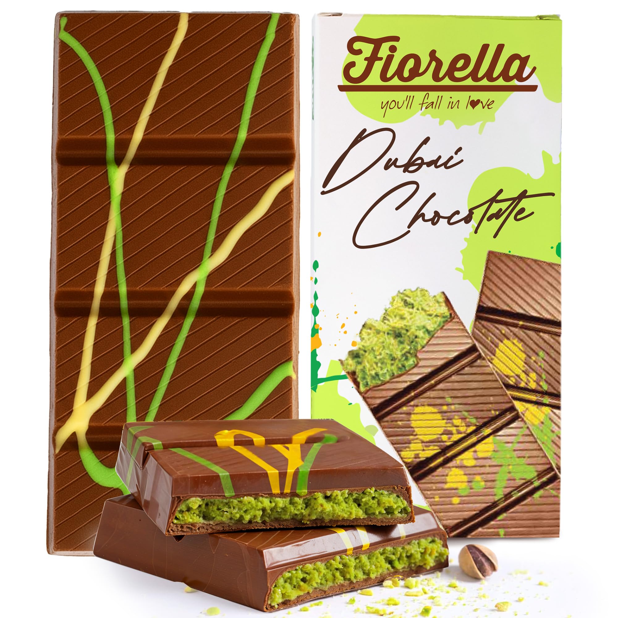 Fiorella Dubai chocolate bar with pistachio butter for a luxurious center.