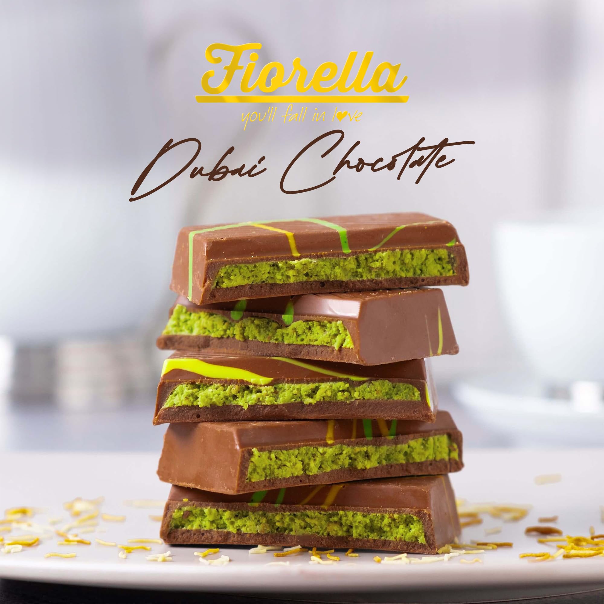 Fiorella Dubai chocolate bar slice on plate highlights layers.
