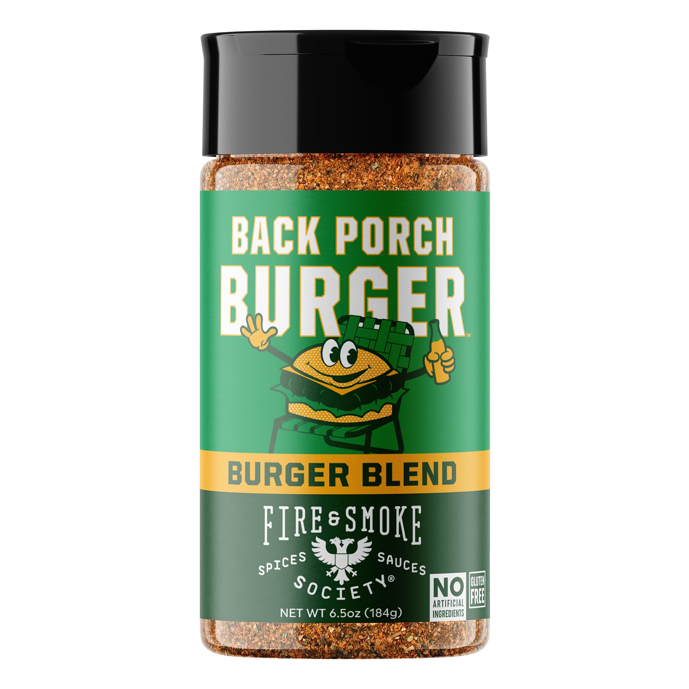 Fire & Smoke Society Back Porch Burger bottle on grill enhancing beef flavor.