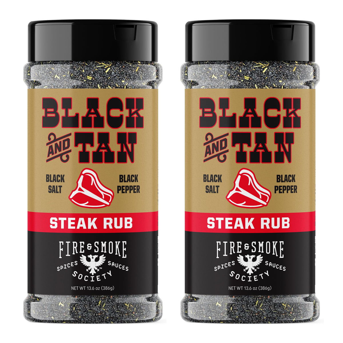 Fire and Smoke Society Black and Tan steak seasoning bottle front boosts flavor for grilling.