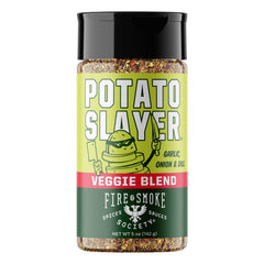 Fire & Smoke Society Potato Slayer seasoning bottle front with bold veggie flavor.