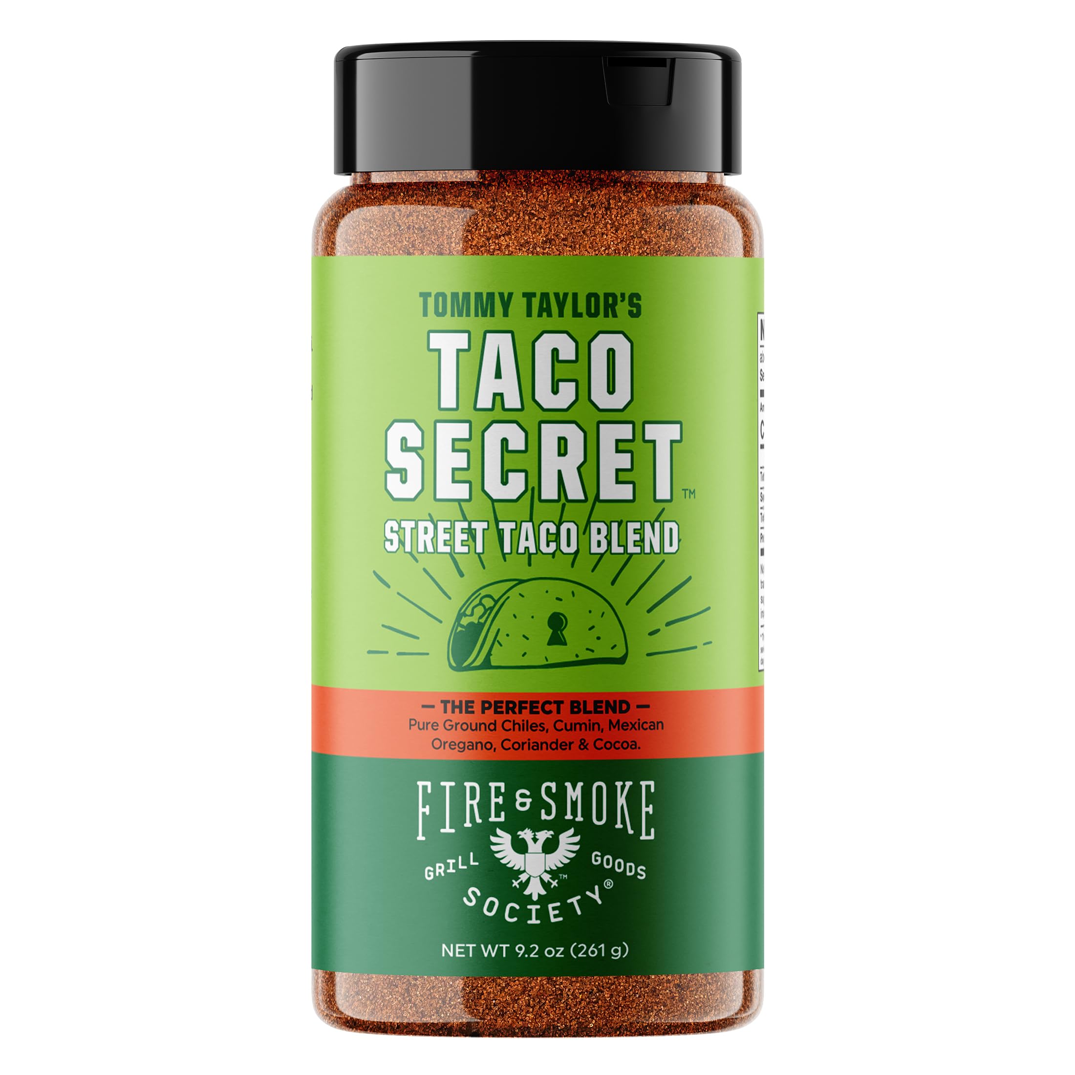 Fire and Smoke Society taco secret seasoning bottle front showing bold flavor for tacos and fajitas.