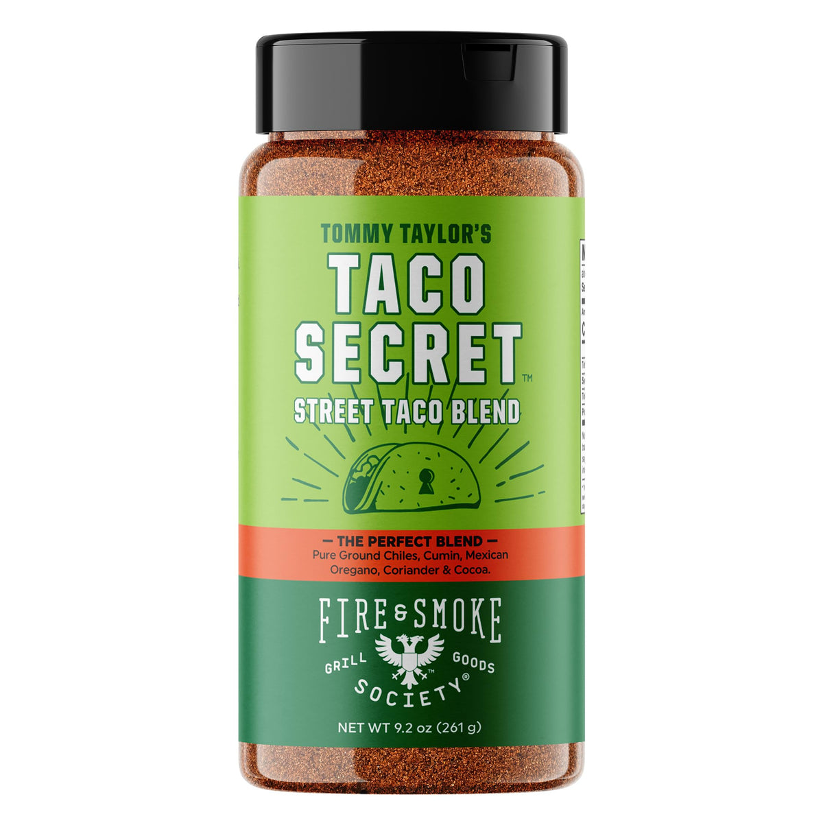 Fire and Smoke Society taco secret seasoning bottle front showing bold flavor for tacos and fajitas.