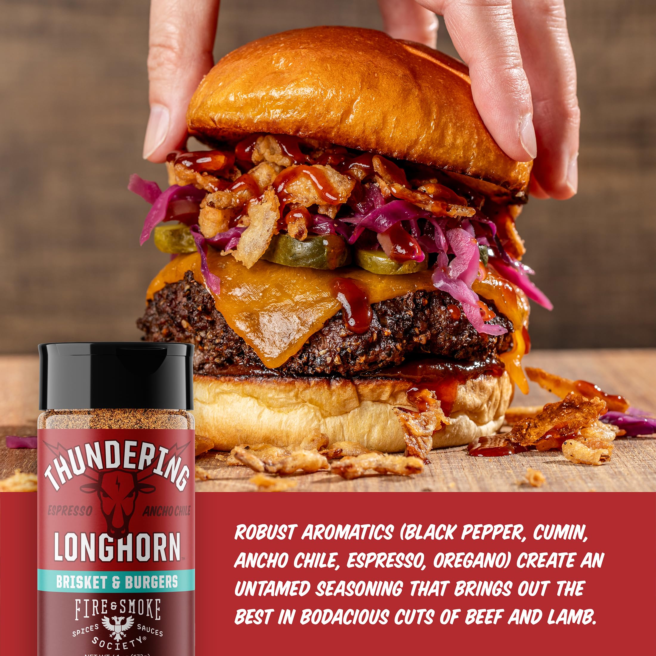 Fire and Smoke Society Thundering Longhorn beef rub jar boosts savory notes on steaks.