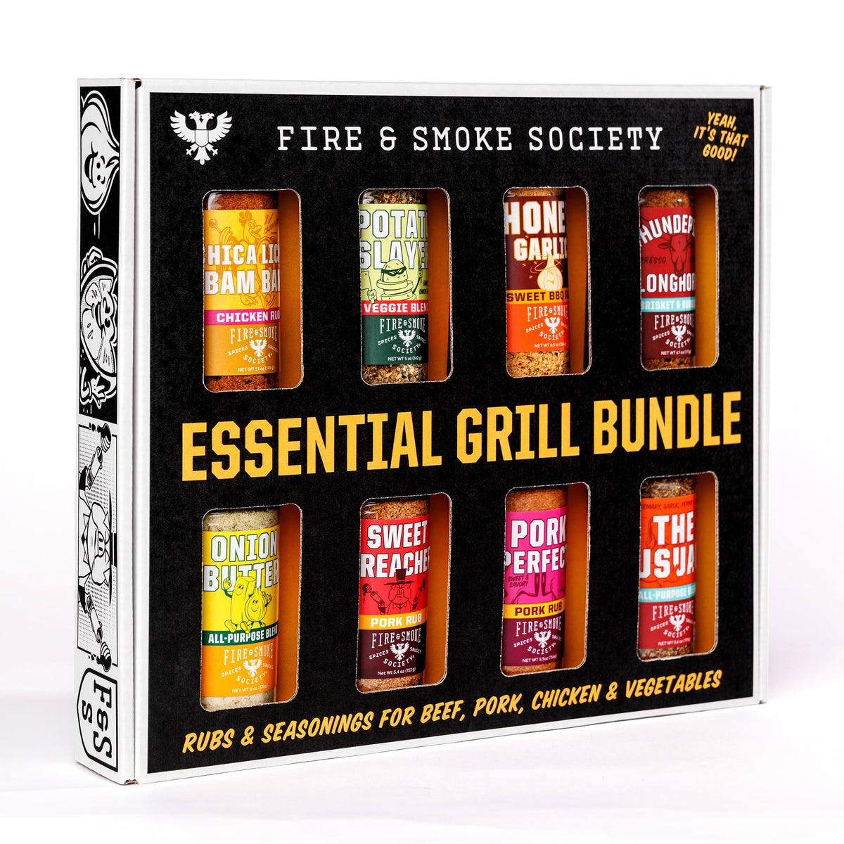 Fire & Smoke Society variety pack bottle pour for even grilling seasoning.