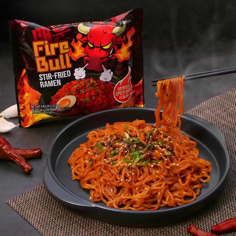 Fire Bull Ramen ingredients close-up with vegetables and sauce