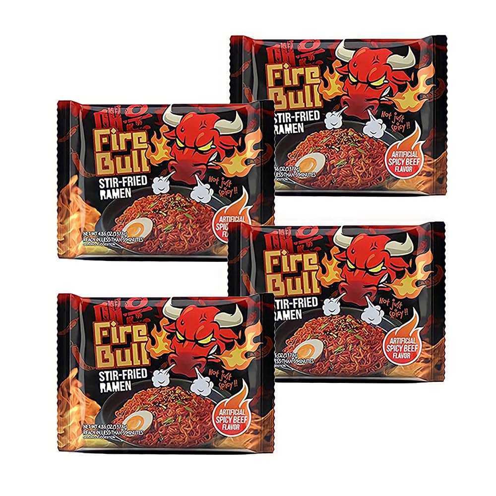 Fire Bull Ramen packaging with four pouches, ready-to-prepare kit for busy cooks