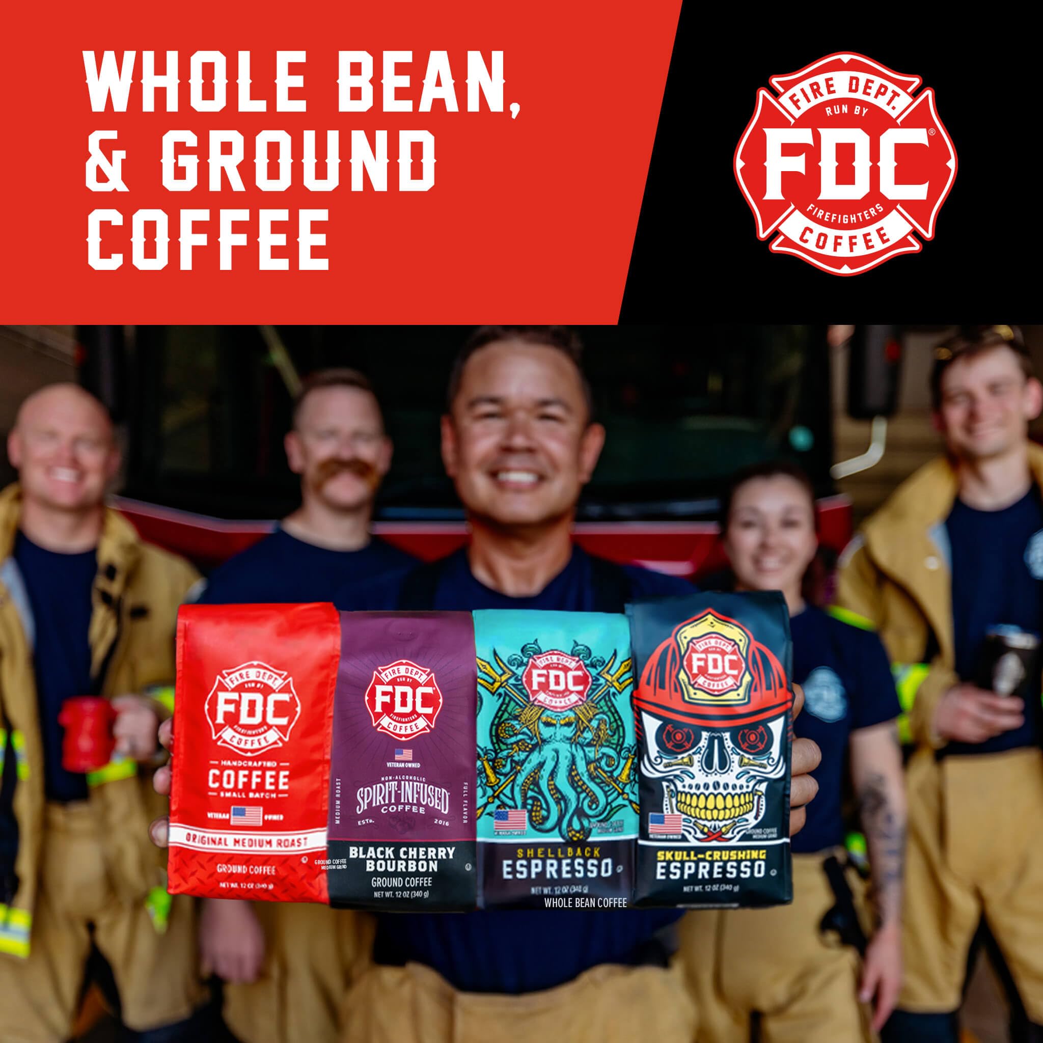 Fire Department Coffee 12oz packaging detail showcases accessible firefighter-friendly coffee option.