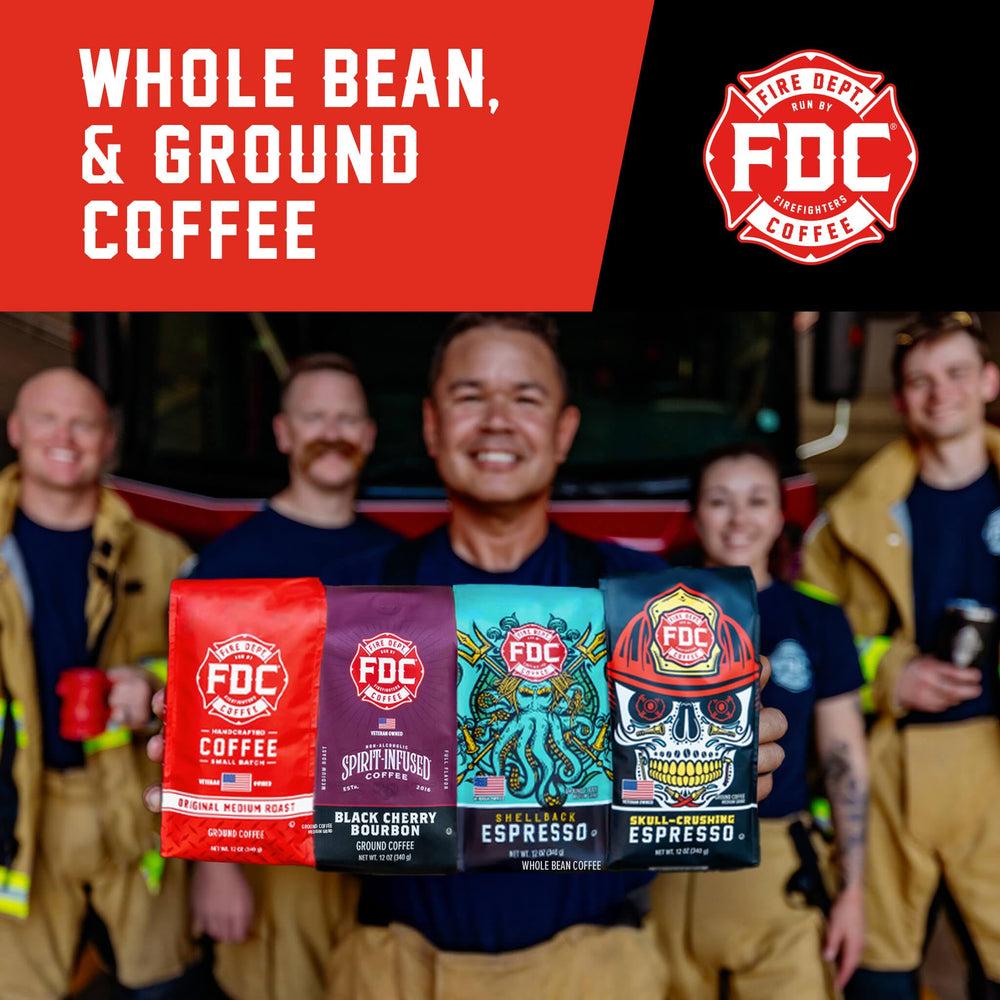 Fire Department Coffee 12oz packaging detail showcases accessible firefighter-friendly coffee option.