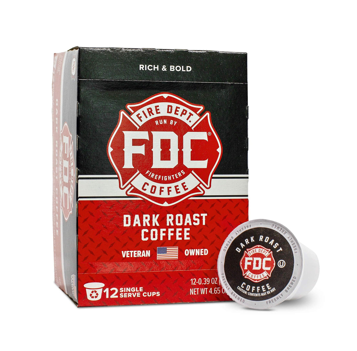 Fire Department Coffee dark roast pods in a box for a bold morning brew