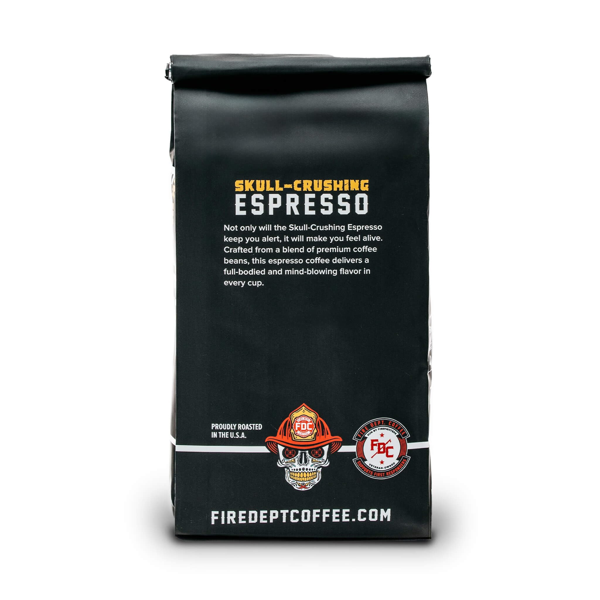 Fire Department Coffee label closeup highlights premium packaging