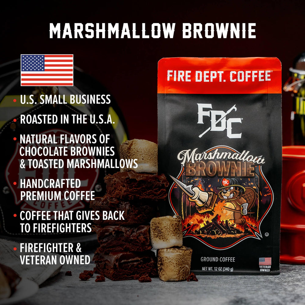 Fire Department Coffee steamy cup marshmallow brownie highlights rich aroma for cozy moments.