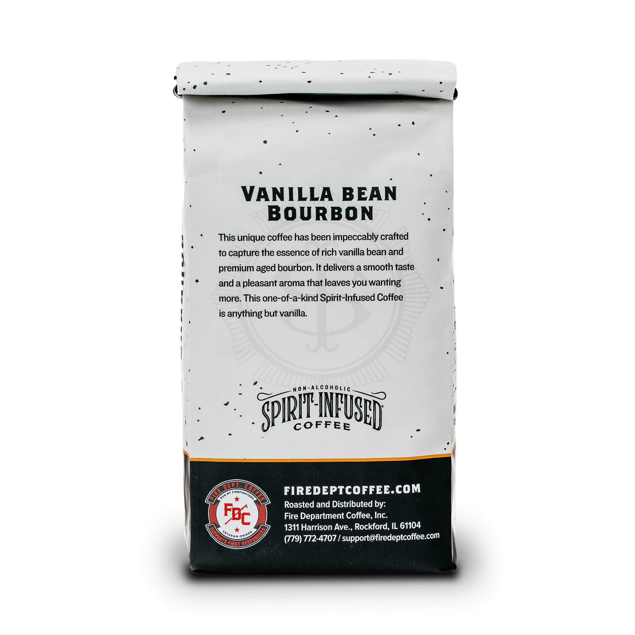Front view of Fire Department Coffee packaging on a kitchen shelf.