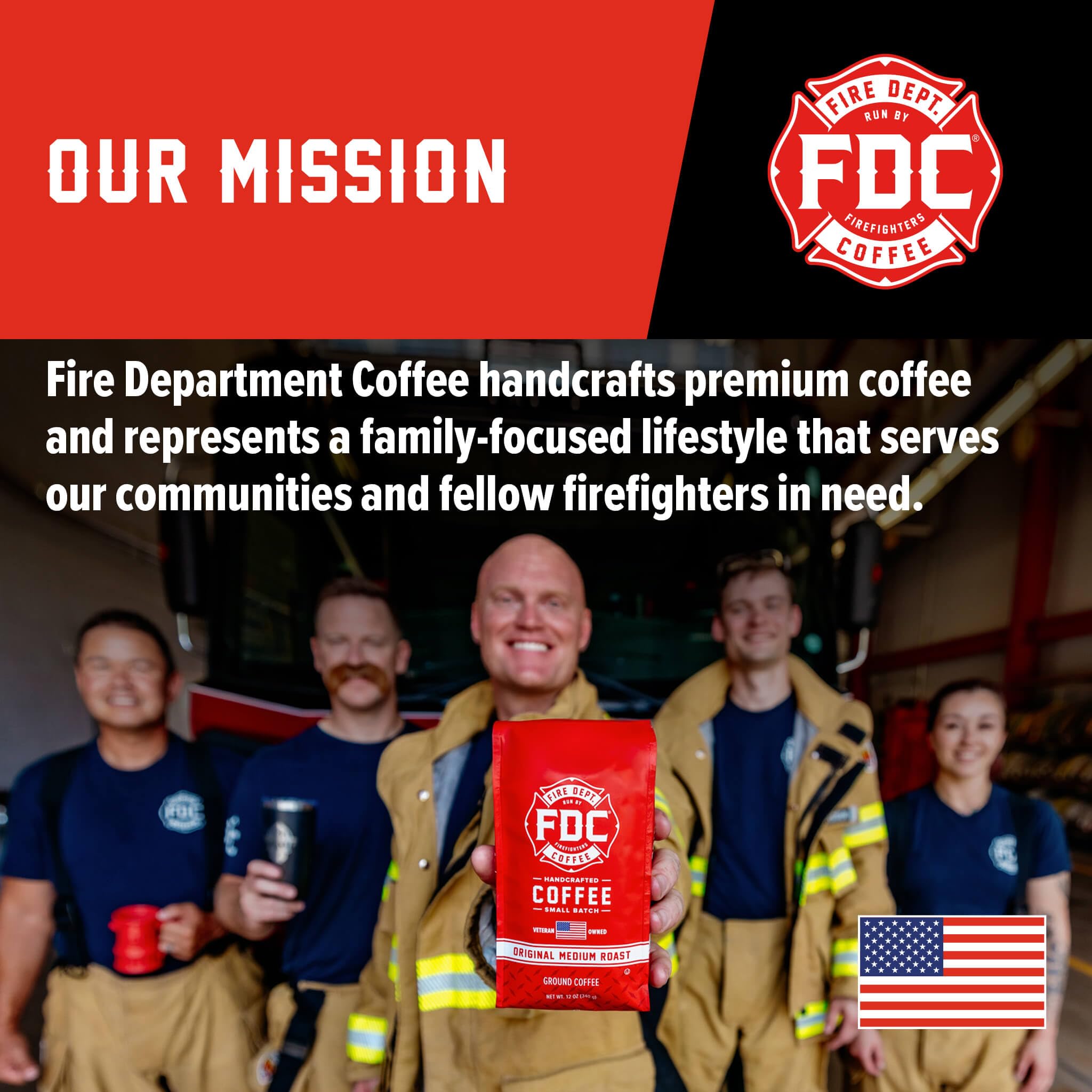Scene showing Fire Department Coffee roasted in the USA.