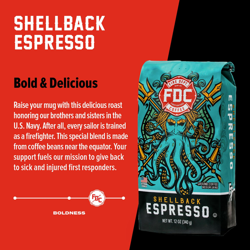 Shellback Espresso coffee bag — USA roasted, veteran-owned brand with a giving mission.