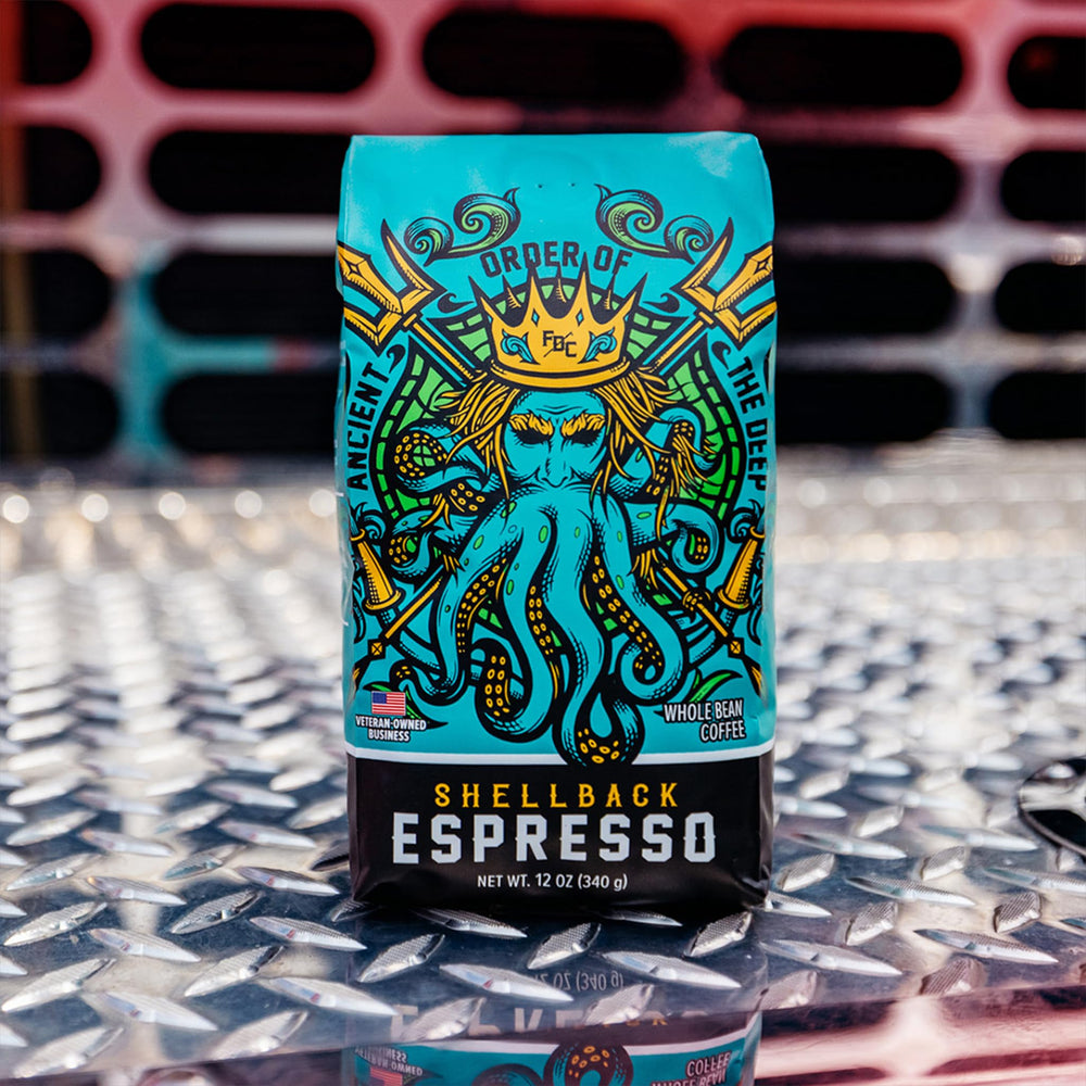 Fire Department Coffee packaging — Shellback Espresso, ready to brew and enjoy anywhere.