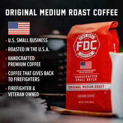 Fire Department Coffee steaming cup highlights a smooth, ready-to-drink morning moment.