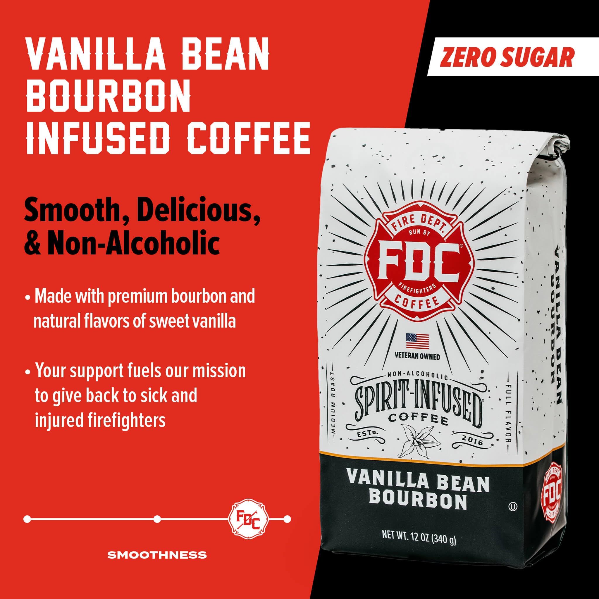 A cup of Fire Department Coffee vanilla bean bourbon infused brew for a comforting moment.