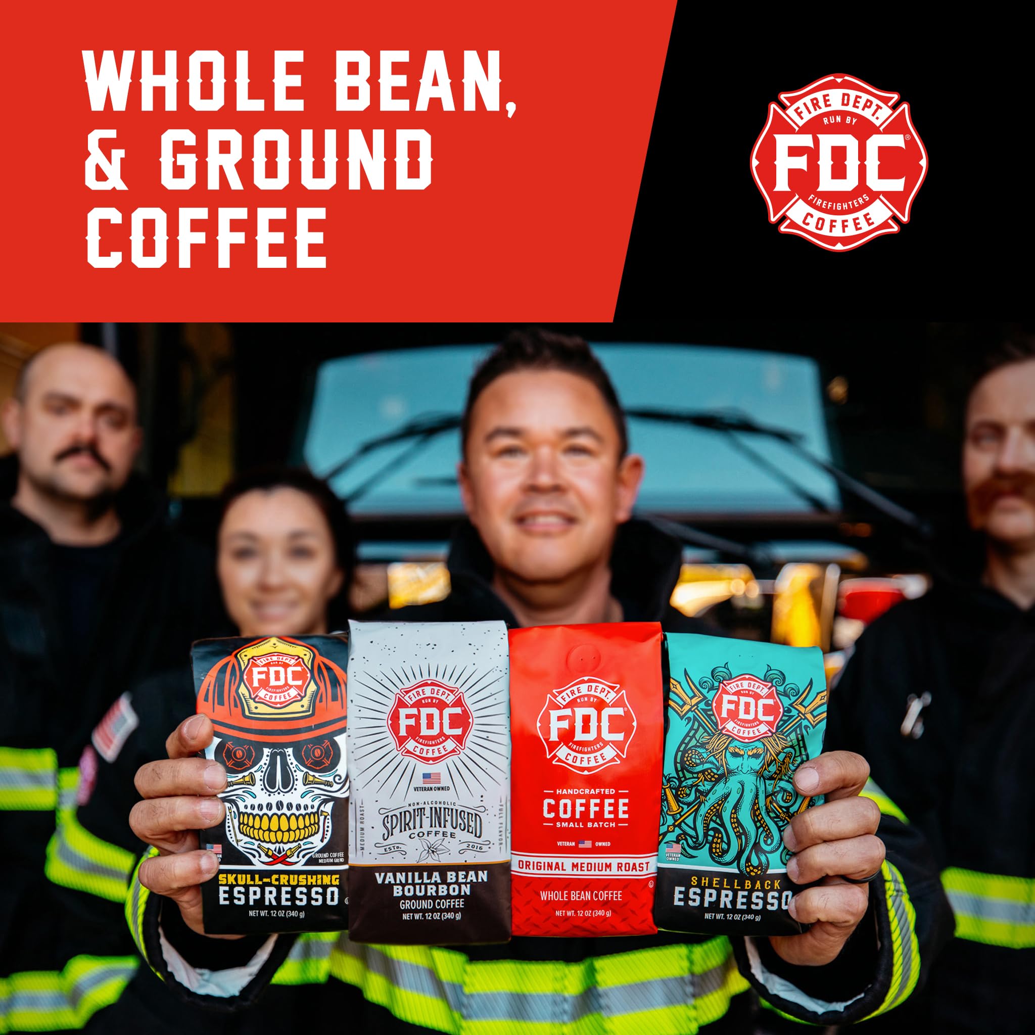 Fire Department Coffee veteran owned emblem on packaging.