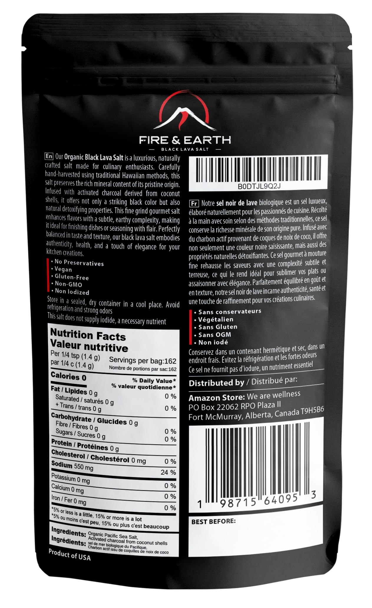 Close-up of activated charcoal in salt by Fire & Earth for visual appeal and subtle flavor