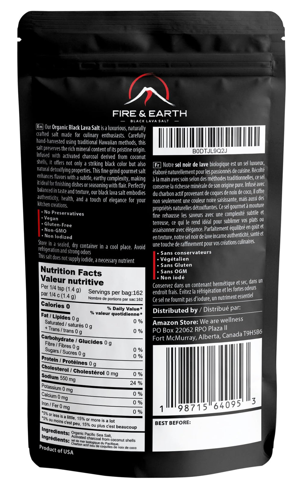 Close-up of activated charcoal in salt by Fire & Earth for visual appeal and subtle flavor